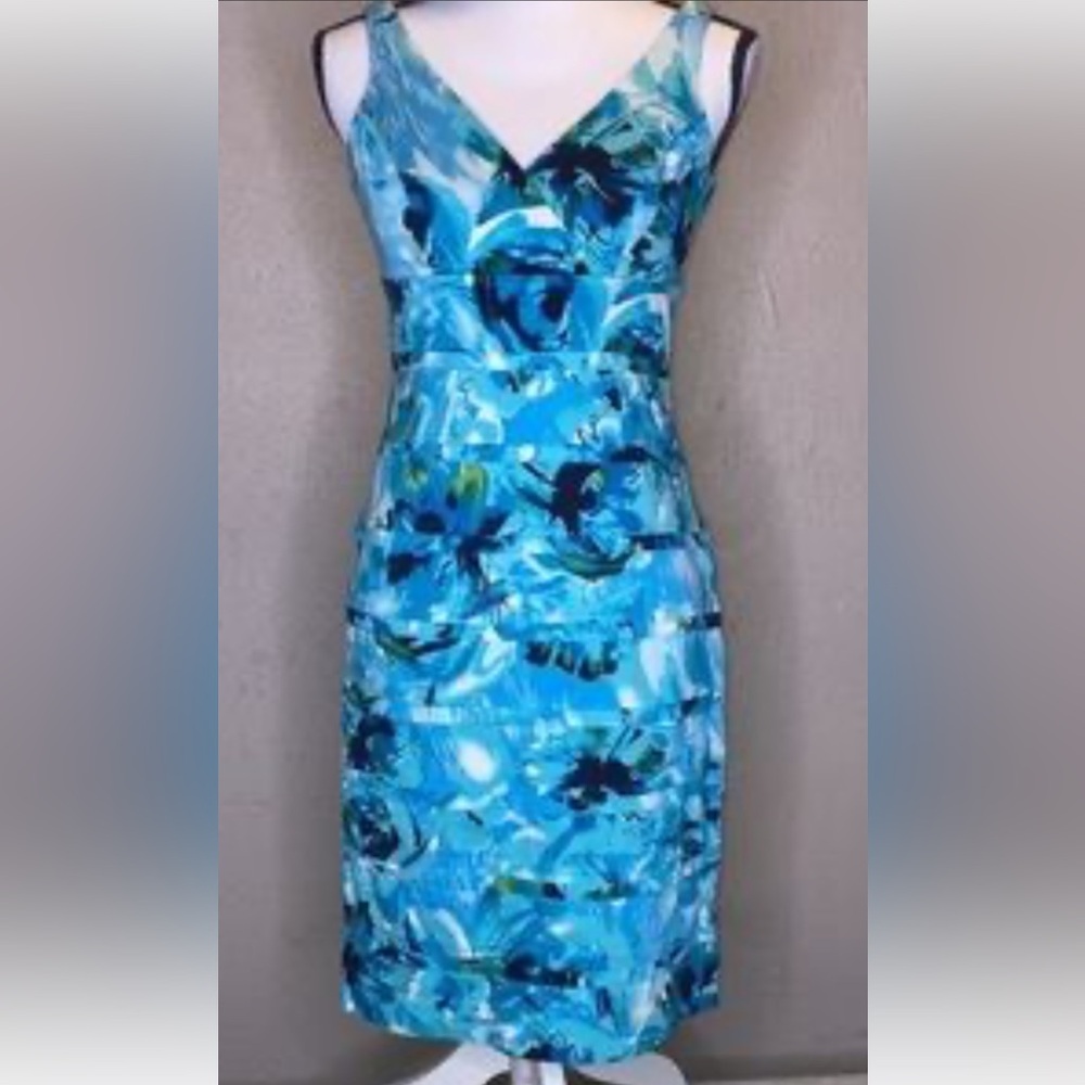 American living floral sheath dress size 12 blue white turquoise Summer